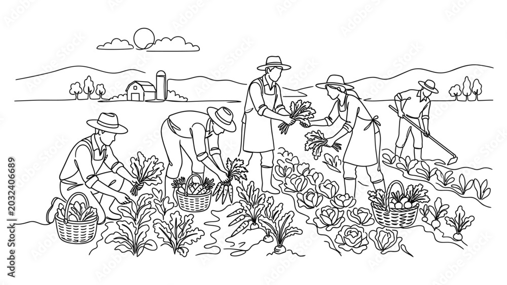 Obraz premium Farmers harvesting fresh produce in field.