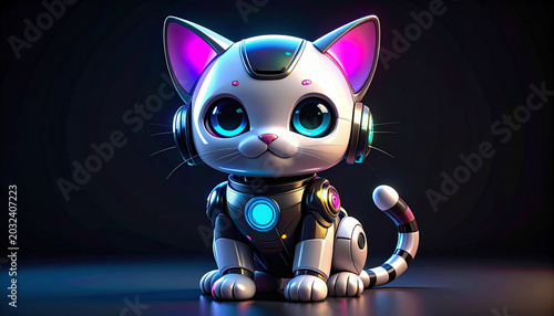 Cute robotic cat with glowing eyes and headphones on