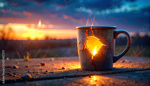 Cracked coffee mug on wooden surface at sunset
