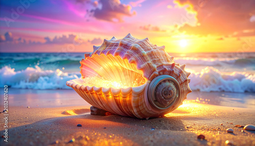 Sunset beach with large conch shell on sandy shore
