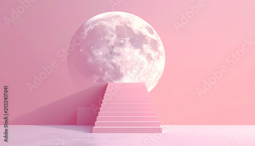 Pink moonlit staircase to dreamland with giant moon