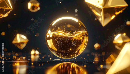 Golden liquid in glass sphere with floating gemstones and bubbles