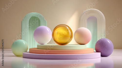 Abstract spherical objects and colorful geometric shapes on a pastel display