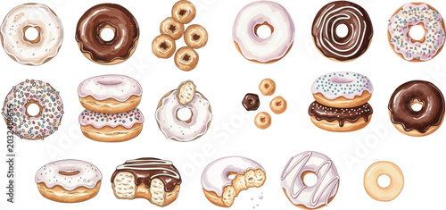 Photos Delicious watercolor donuts with various toppings and glazes, perfect for sweet cravings and dessert illustrations