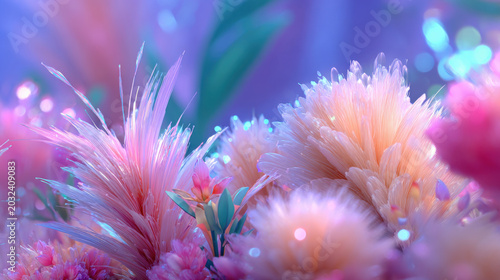 Dreamy close-up of whimsical, fluffy flowers blooming in a magical enchanted forest with glowing particles