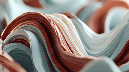 Dynamic abstract background featuring flowing ribbons in warm terracotta and cool blue tones, creating a mesmerizing organic texture for modern design