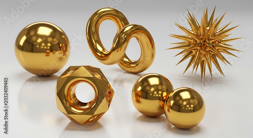 Shiny golden metal geometric shapes and abstract designs collection