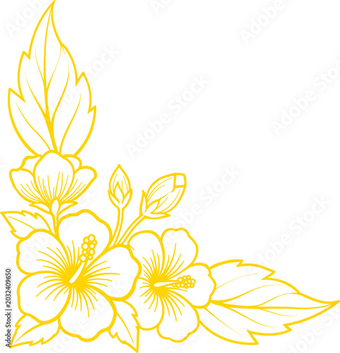 Golden hibiscus line art floral corner border with leaves for elegant frame design