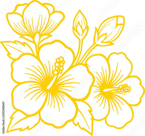Golden hibiscus line art floral cluster decorative element for elegant design