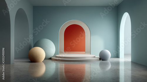Stylish minimalist interior with abstract geometric spheres and elegant archways, reflecting a serene architectural design ideal for modern product display