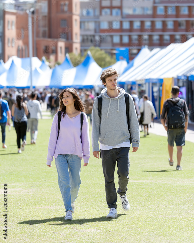 Obraz premium Two young people walk through an outdoor event with white tents and a crowd in an urban setting on a sunny day.