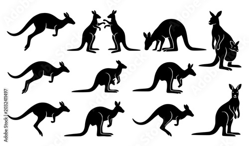 Bild auf Leinwand Dynamic Kangaroo Silhouette Vector Collection with Jumping Australian Wildlife A