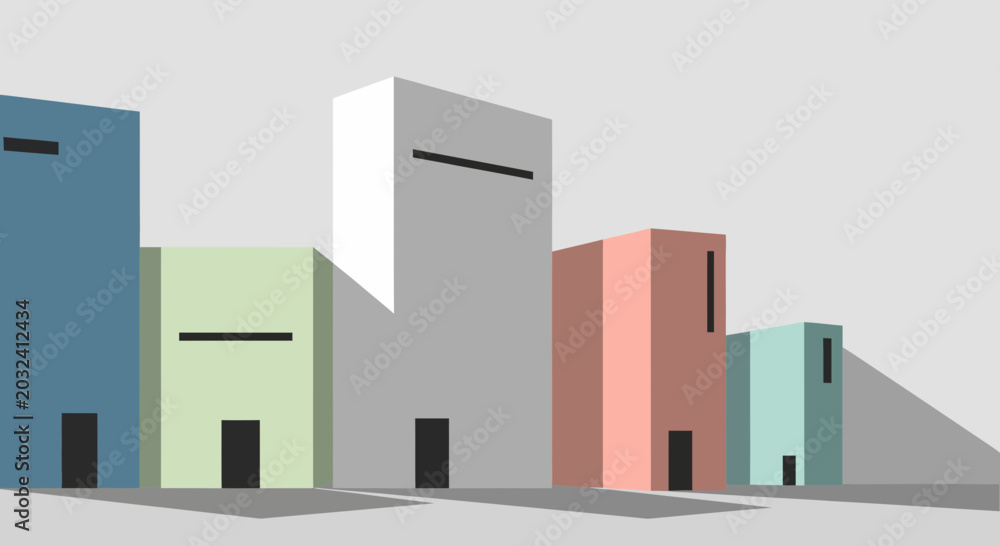 Naklejka premium Minimalist Cityscape with Colorful Geometric Buildings and Shadows