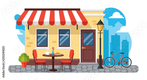 Foto Cozy cafe storefront with outdoor seating, bicycle and city skyline