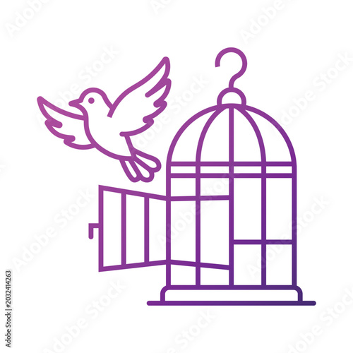 Quadro em tela Freedom icon of bird escaping open cage purple line artwork