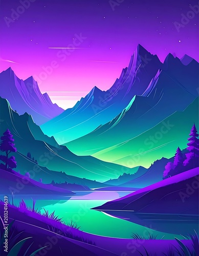 A serene mountain landscape with a river and vibrant purple hues