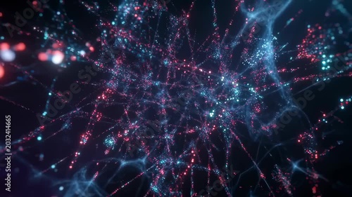 Abstract network of glowing particles pulsing and expanding in deep space with cinematic motion