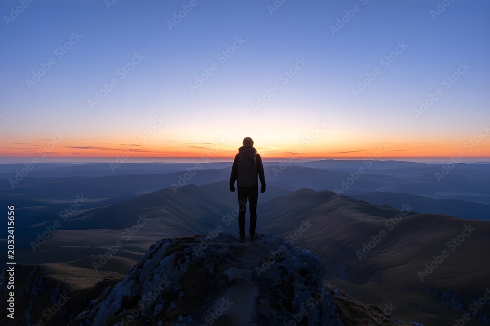 Fototapeta premium Lone hiker silhouetted on mountain peak at sunrise, vast landscape