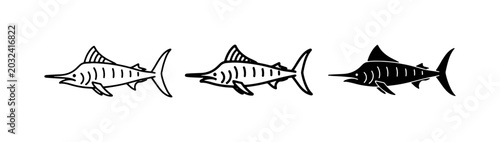 Fotografía Marlin Icons Set, Ocean Wildlife Vector Graphics, Fishing Sport Symbols
