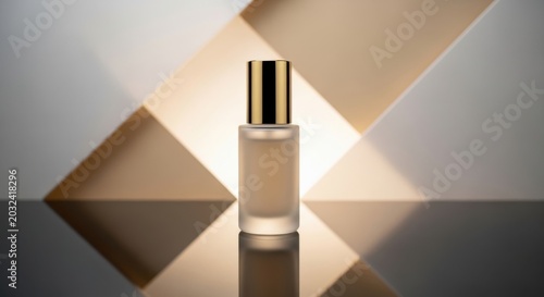 Elegant perfume bottle with gold cap on geometric background