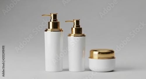 Elegant white skincare pump bottles and jar