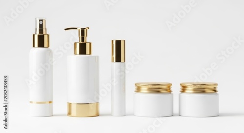 Elegant skincare bottles with gold accents