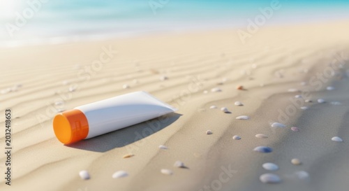 Empty sunscreen tube on sandy beach