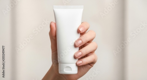 Hand holding white tube of skincare product