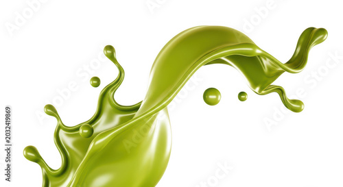 Dynamic green liquid splash with smooth waves and flying droplets isolated on transparent background