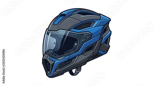 Schilderij op canvas A blue and black motorcycle helmet with a clear visor against a white background in a product showcase style with a focus on protective gear