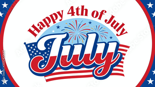 Foto Happy 4th of July graphic with fireworks, American flag elements, and patriotic colors