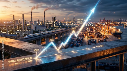 Glowing Blue Growth Arrow Over Industrial Port City
