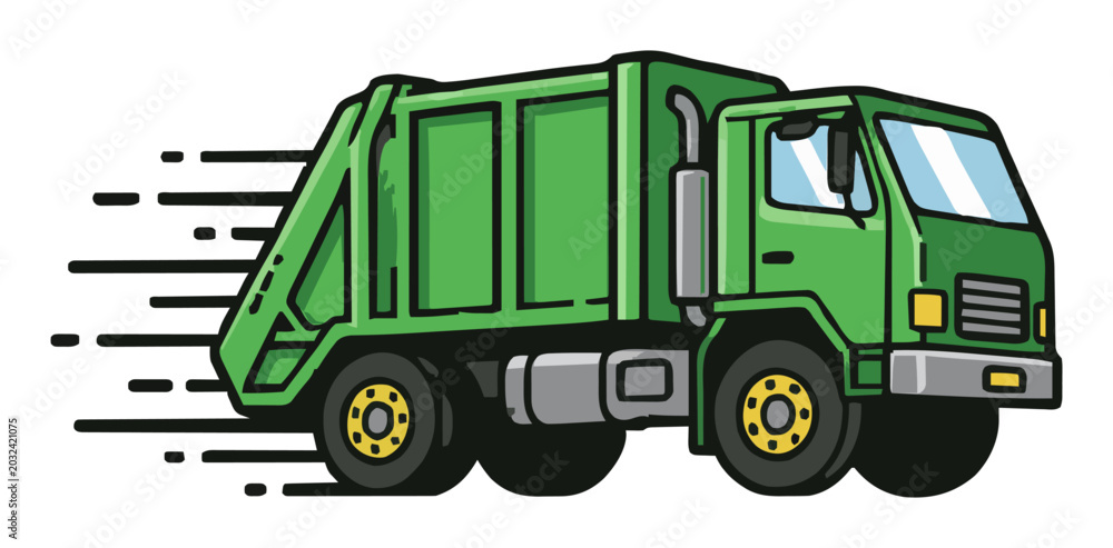 Fototapeta premium Dynamic garbage truck speeding on white background. Generative AI