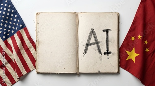 US-China AI Race – Flags & Open Book for Tech Art & Decor
