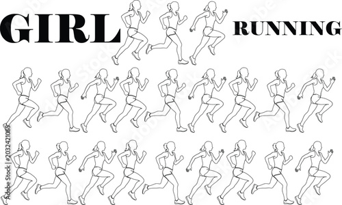 Fotografie Girl running vector line art set with female athlete jogger silhouettes and anim
