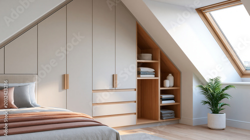 Modern loft bedroom conversion with custom fitted wardrobe under sloped ceiling.