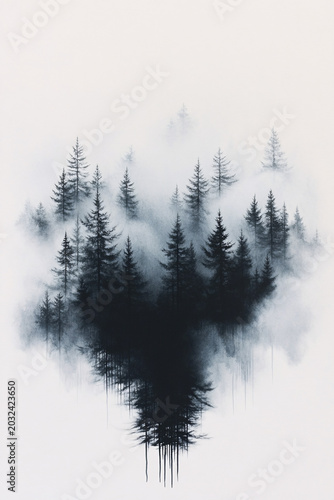 Serene Black and White Pine Forest Hidden in Deep Ethereal Fog
