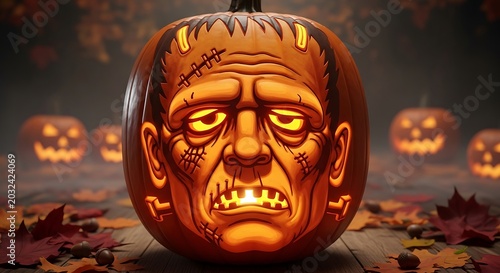 Intricately carved halloween pumpkin illuminated with spooky frankenstein face