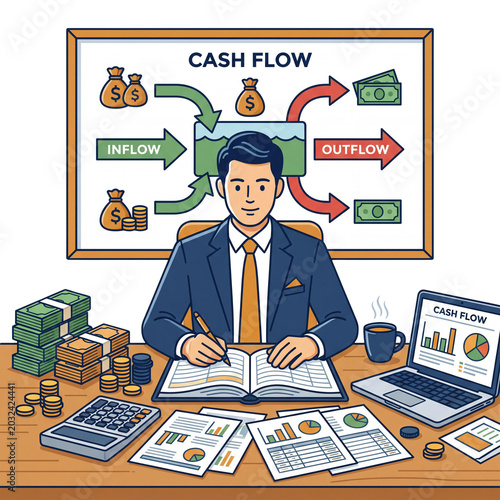 Businessman managing cash flow and financial dashboard flat illustration with accounting charts and money tracking