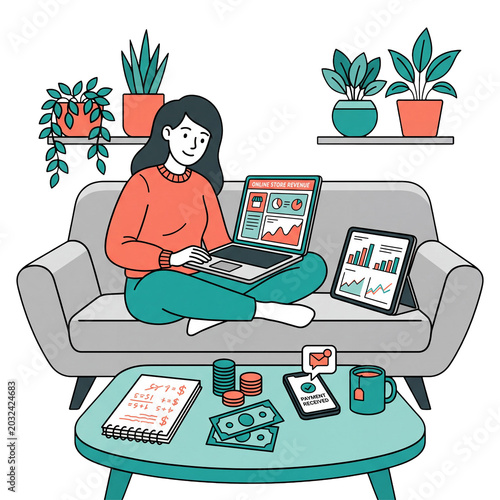 Young female entrepreneur managing online store revenue from home office flat illustration with ecommerce sales dashboard