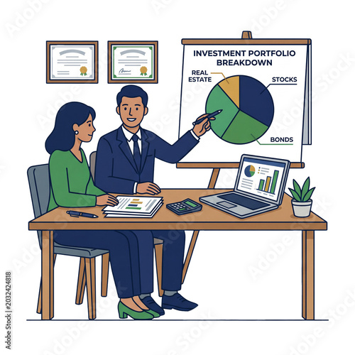 Professional financial advisor discussing investment portfolio strategy with client flat illustration in modern office