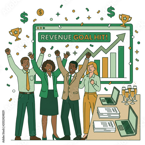 Diverse business team celebrating financial milestone and revenue growth success flat illustration in modern office