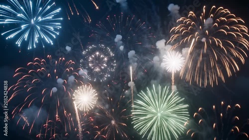 Colorful fireworks exploding in night sky during celebration with bright sparks and vibrant light trails