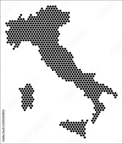 Italy hexagon map. Plain black and white dotted shape template. Country tiny hexagon cells. Italy flat honeycomb template. Vector Illustration.