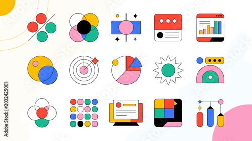 Tablou pe pânză Vibrant collection of abstract geometric icons in a flat design style, illustrating concepts like data, analytics, and business