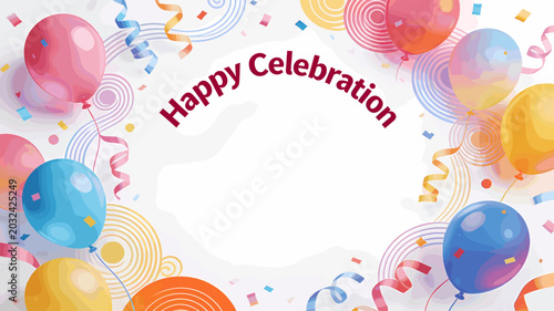 Foto A vibrant and festive background featuring colorful balloons, confetti, and streamers, with the text 'Happy Celebration' in the center, perfect for parties and events