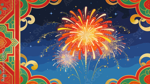 Photos Vibrant fireworks illuminate a starry night sky, framed by ornate traditional borders, celebrating a festive occasion