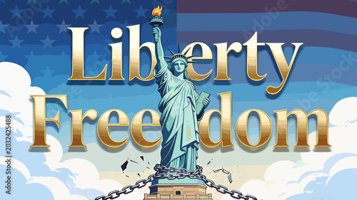 Tableau sur toile The Statue of Liberty, a symbol of freedom, stands tall with chains broken, against a backdrop of the American flag and clouds