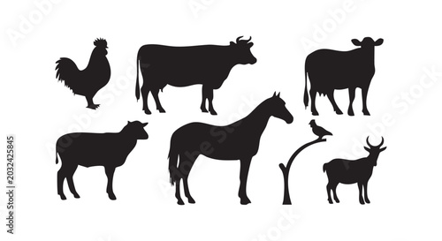 Farm animals silhouette set featuring rooster cow sheep horse pigeon and goat icons isolated on white background art.