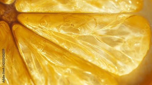 Extreme macro of a sliced lemon illuminated by bright sunlight